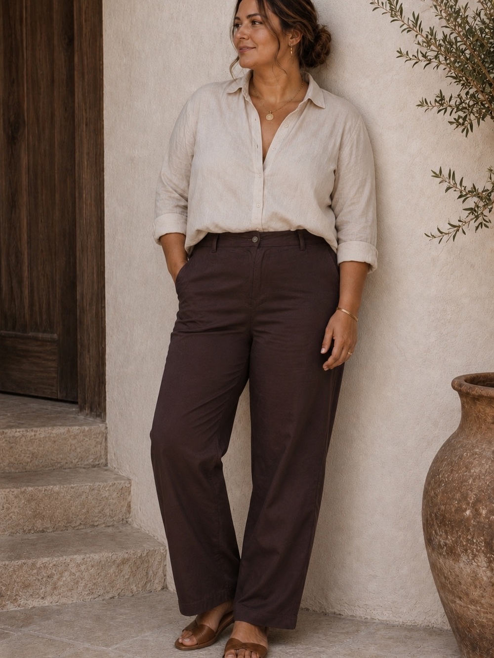 Eileen Fisher Brown Knit Pants XL Pull On Wide Leg Casual Minimalist Stretch